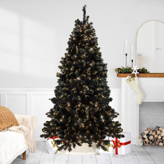 Pre-Lit LED Black Crystal Pine With Gold Glitter Artificial Christmas Tree - 7.5 Ft Clear Lights