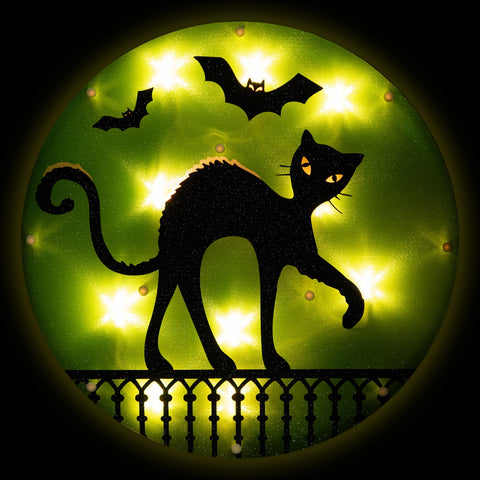 Lighted Cat Halloween Window Silhouette - 13.75" - Green - Clear Lights