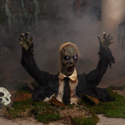 Lighted and Animated Groundbreaking Zombie Halloween Decoration - 19" - White Lights