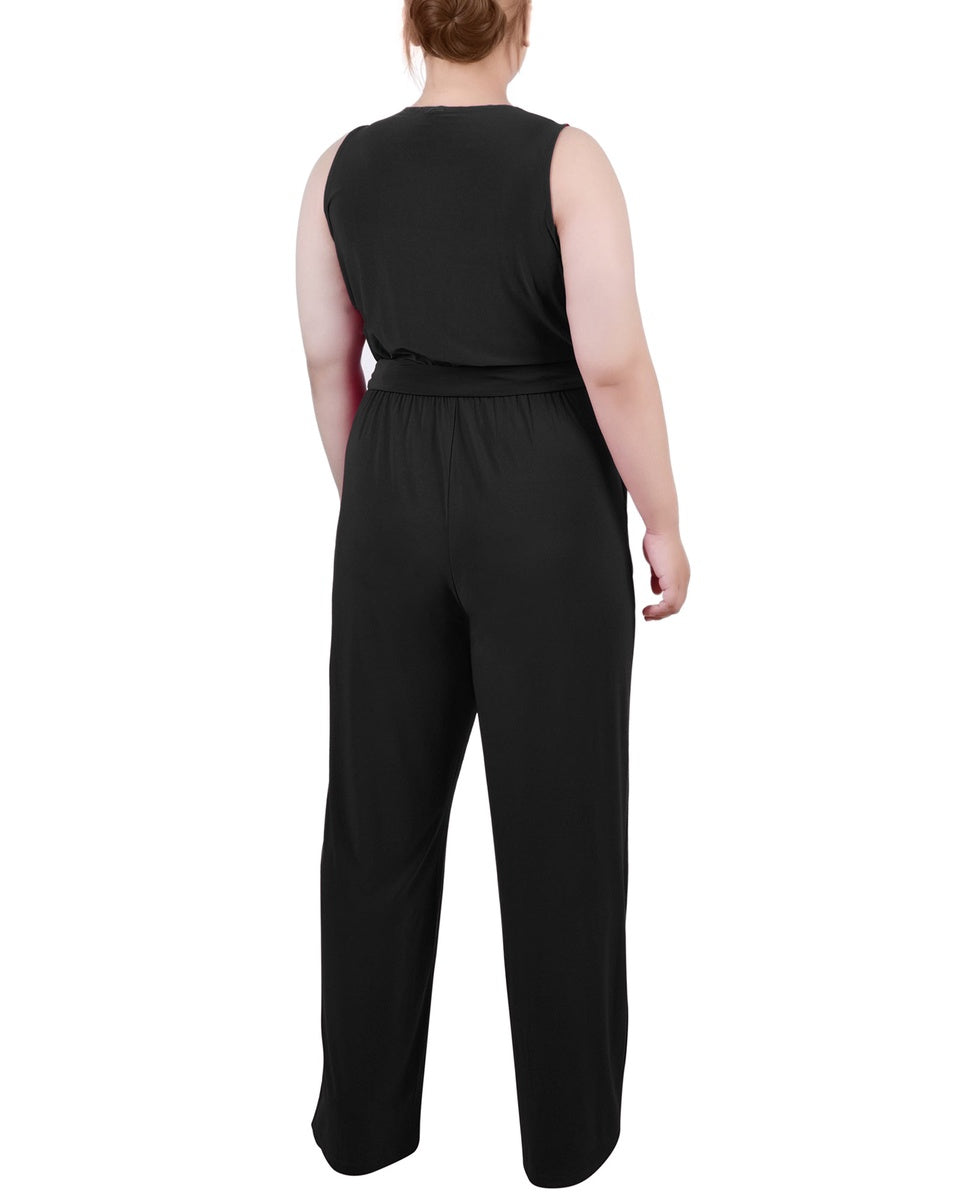  NY Collection Plus Size Sleeveless Belted Jumpsuit - Beet Red - Bonton