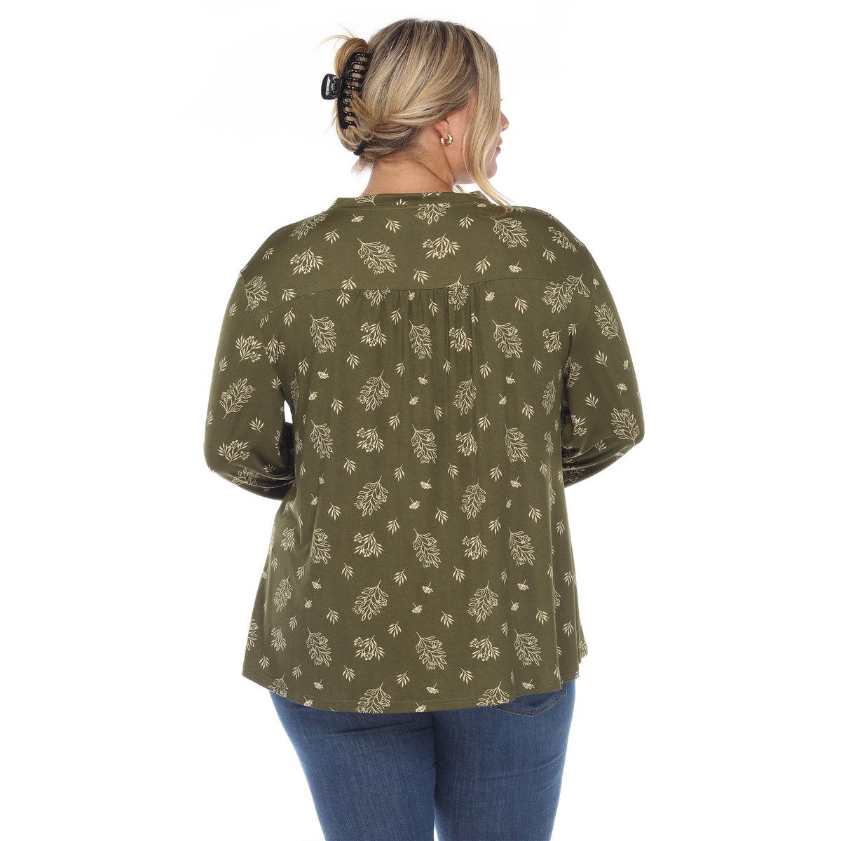  White Mark Plus Size Pleated Long Sleeve Leaf Print Blouse - 1X - Bonton