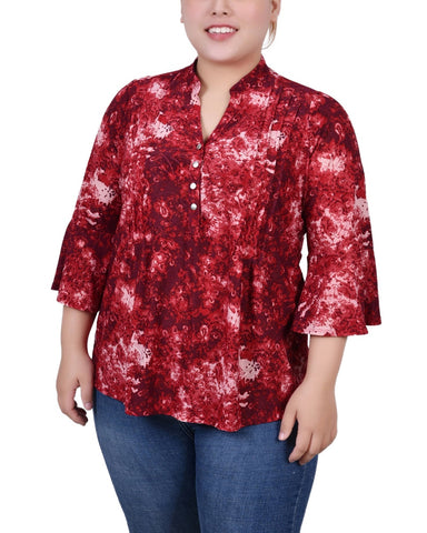 Plus Size 3/4 Sleeve Overlapped Bell Sleeve Y Neck Top