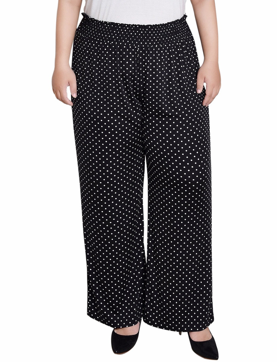  NY Collection Plus Size  Smocked-Waist Pants - Black White Dot - Bonton