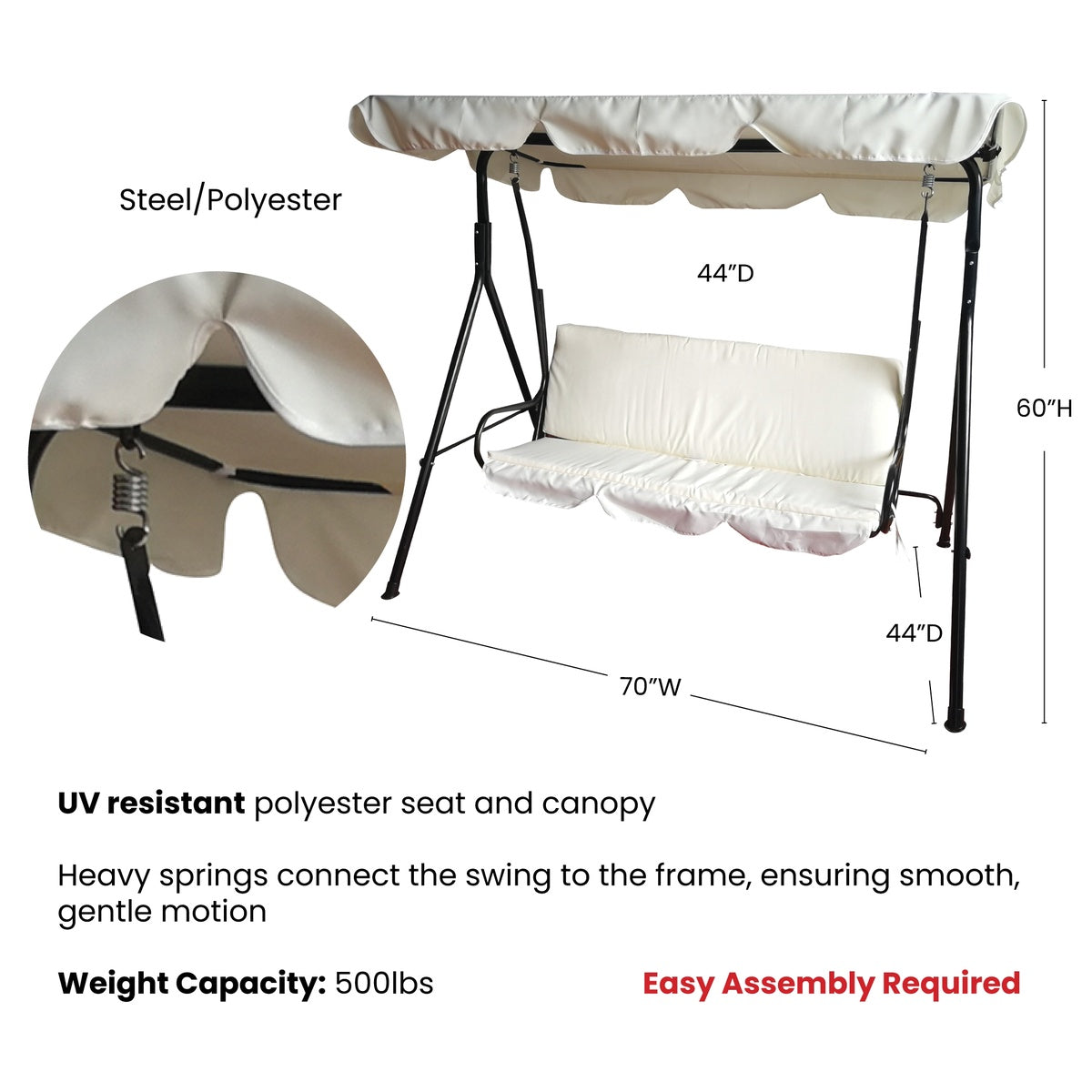  Northlight 3-Seater Outdoor Patio Swing With Adjustable Canopy - Cream - Cream - Bonton