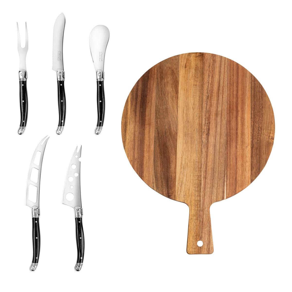  French Home Laguiole 6-Piece Black Pakkawood Artisan Cheese Knife Set and Round Wood Board - Default Title - Bonton