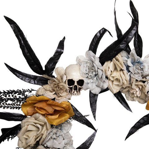 Skulls With Roses Halloween Foliage Wreath - 14" - Orange  Gray and Black - Unlit