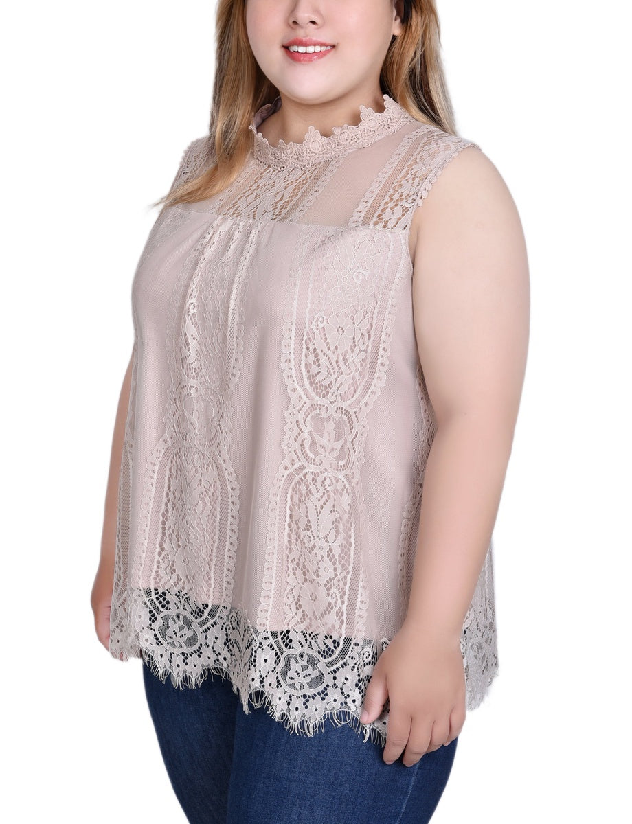  NY Collection Plus Size Sleeveless Mock Neck Lace Top - Black Nude - Bonton