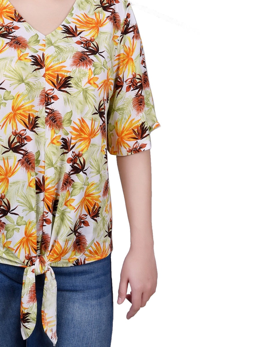  NY Collection Petite Elbow Sleeve Tie-Front Top - Blue Heron - Bonton