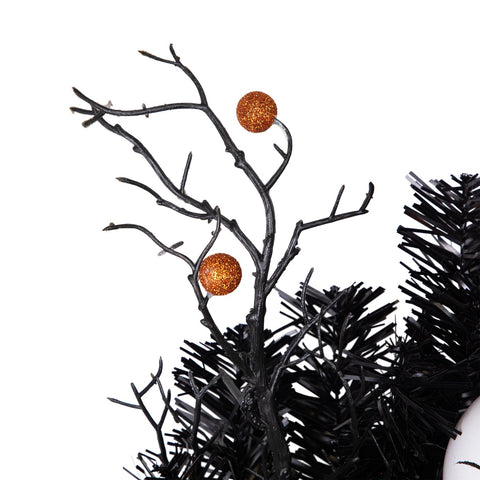Ornaments and Ghost Halloween Twig Pine Wreath - 24" - Orange and Black - Unlit