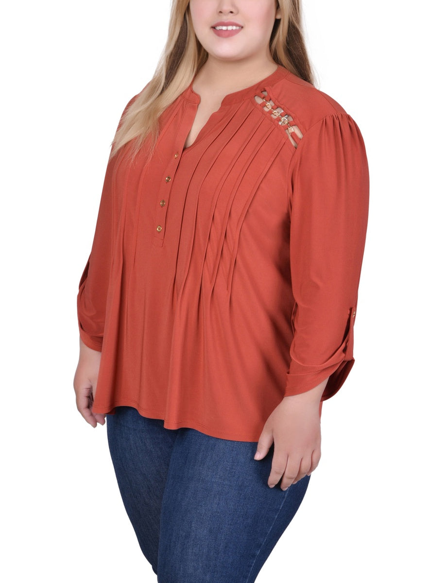  NY Collection Plus Size Long Sleeve Pintuck Front Top With Chain Details - Animal Lilas Dot - Bonton