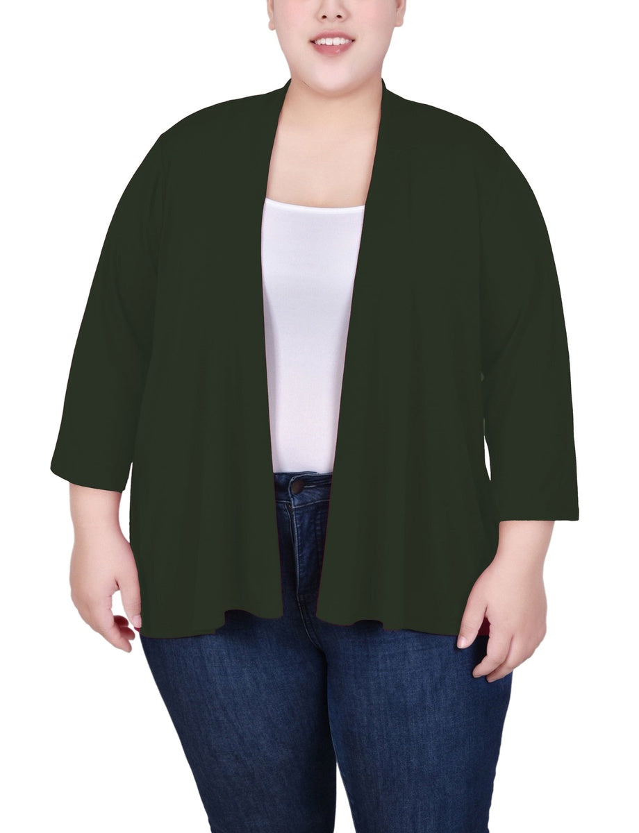  NY Collection Plus Size Solid 3/4 Sleeve Cardigan - Black - Bonton