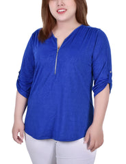 Plus Size 3/4 Roll Tab Zip Front Jacquard Knit Top