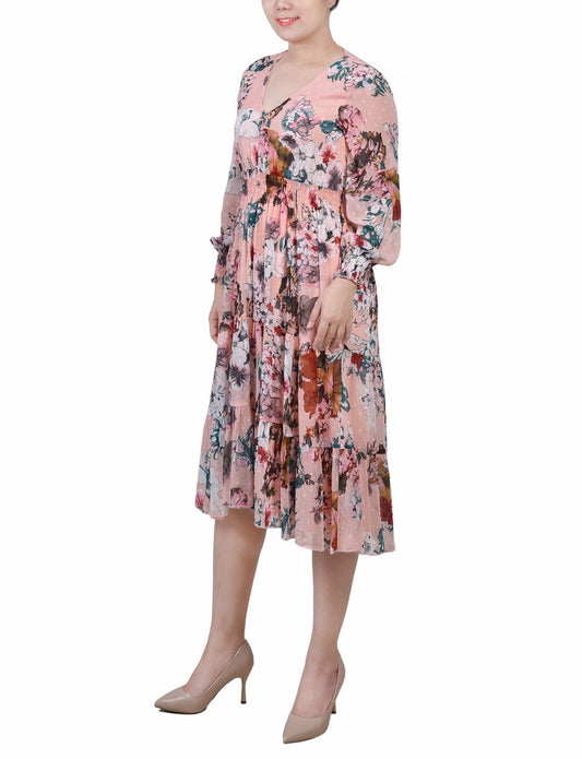 Long Sleeve Clip Dot Chiffon Dress With Smocked Waist and Cuffs