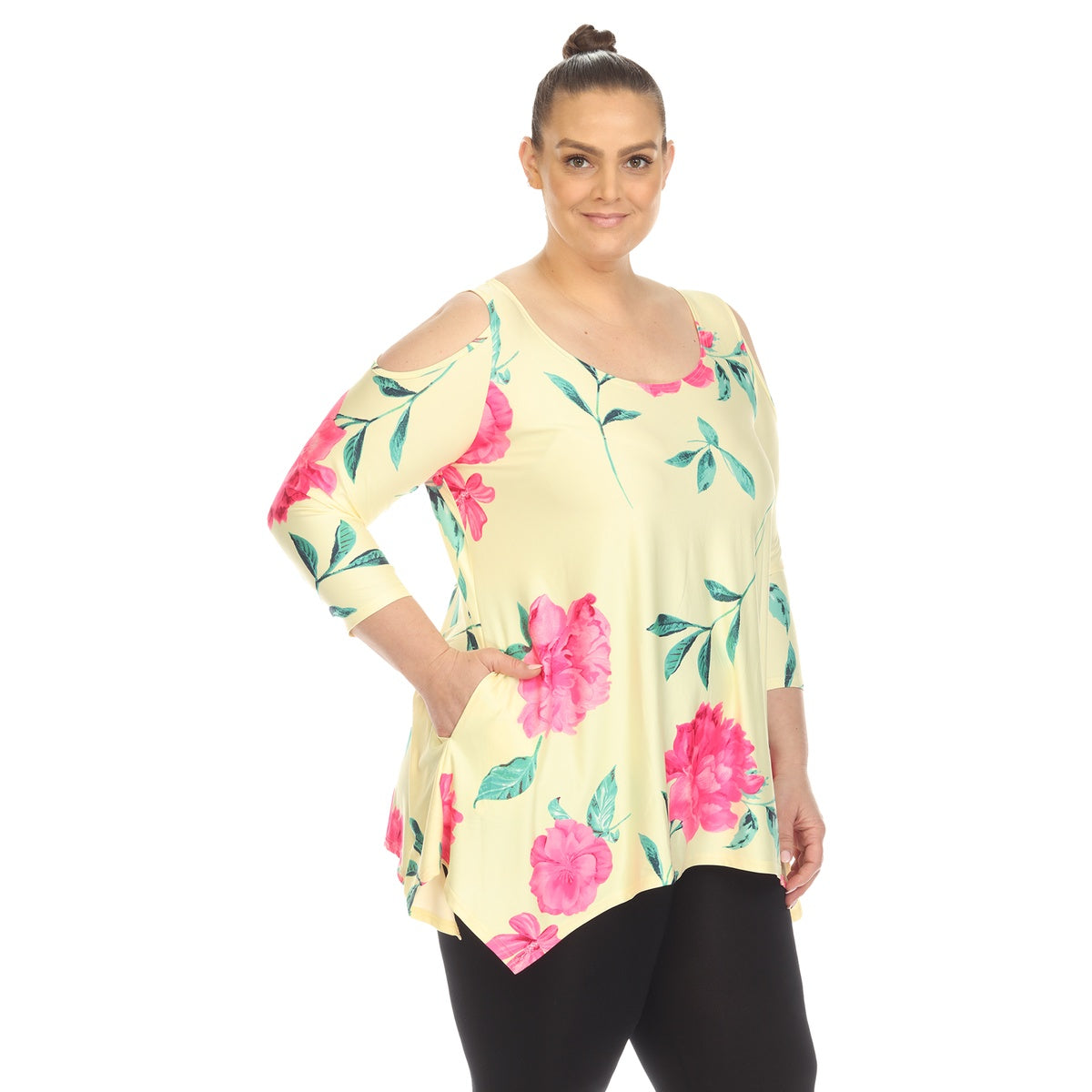  White Mark Plus Size Floral Printed Cold Shoulder Tunic - 1X - Bonton