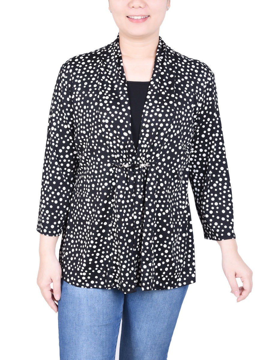  NY Collection Petite Puff Print 3/4 Sleeve Two-Fer Top - Jester Red Ivory Geo - Bonton