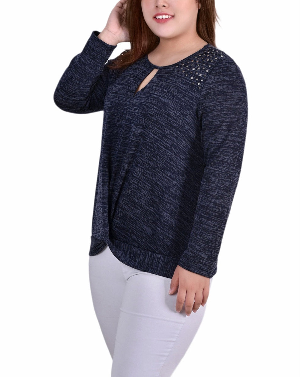  NY Collection Plus Size Long Sleeve Knit Keyhole Top With Studs - Navy - Bonton