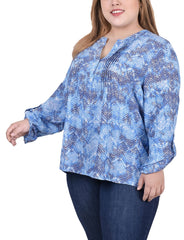 Plus Size Long Roll Tab Sleeve Pintuck Front Blouse