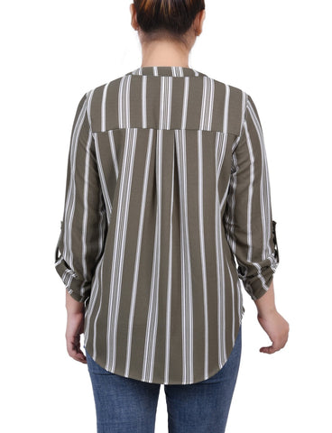 Petite 3/4 Sleeve Mandarin Collar Blouse With Front Pleats