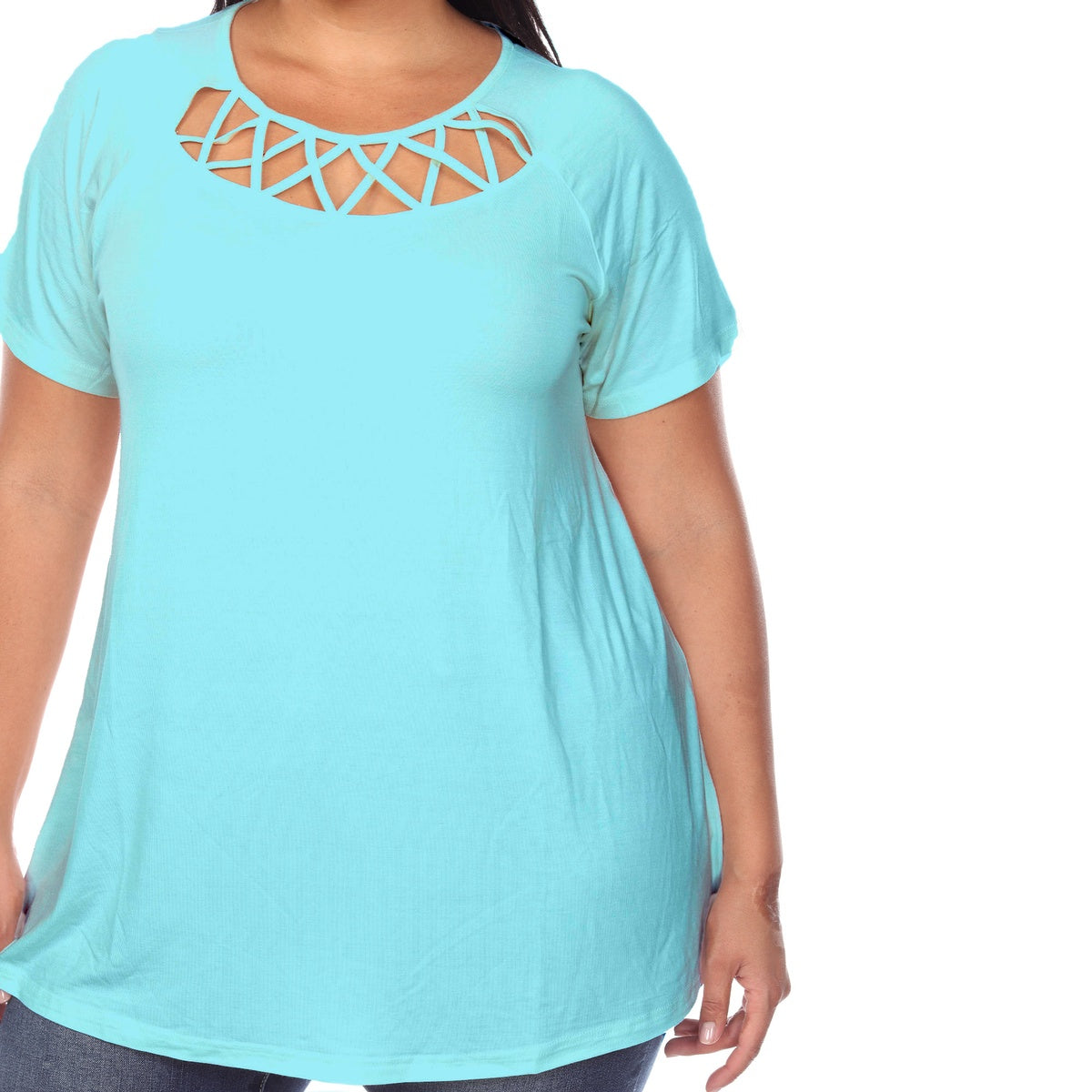  White Mark Plus Size Crisscross Cutout Short Sleeve Top - 1X - Bonton