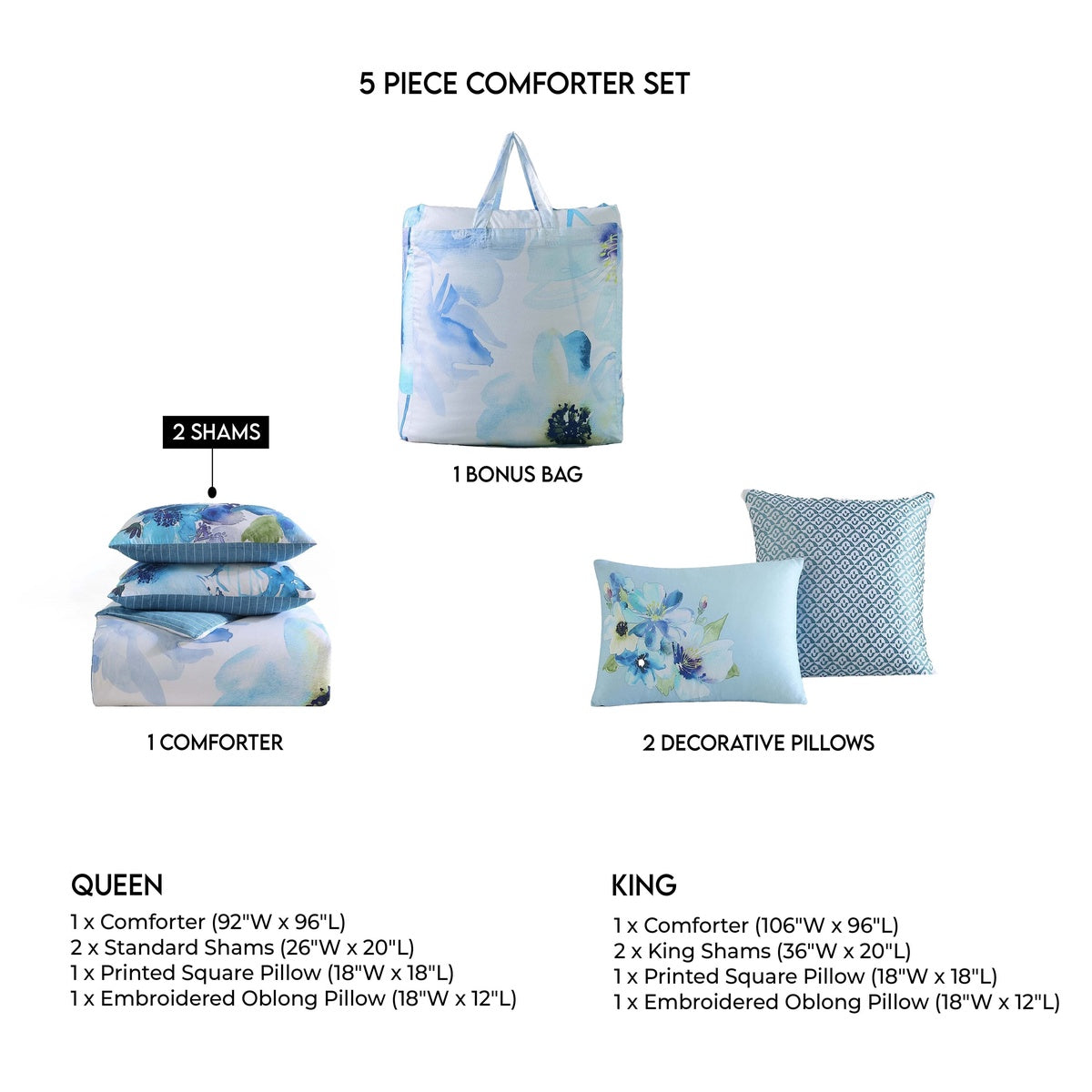  Bebejan Watercolor Blue 100% Cotton 5-Piece Reversible Comforter Set - QUEEN - Bonton