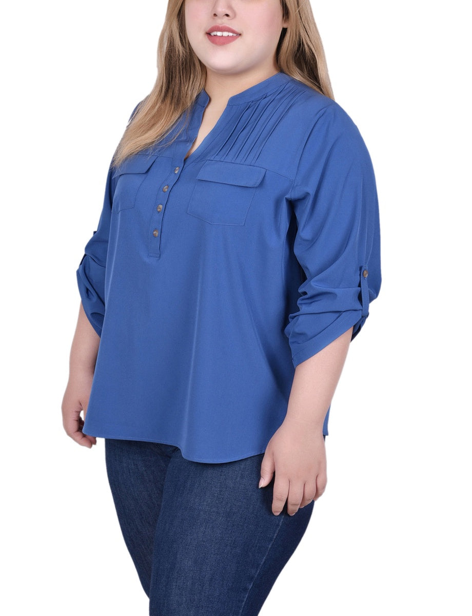  NY Collection Long Tab-Sleeve Blouse With Pockets - Golden Glow - Bonton