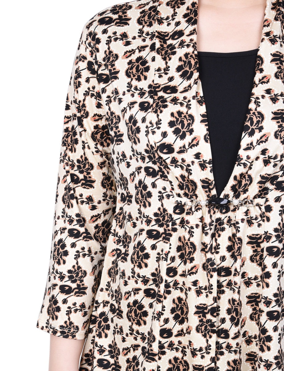  NY Collection Petite Puff Print 3/4 Sleeve Two-Fer Top - Jester Red Ivory Geo - Bonton