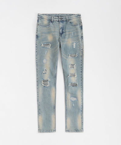 Skinny Fit Rhinestone Denim Jeans - Dark Blue