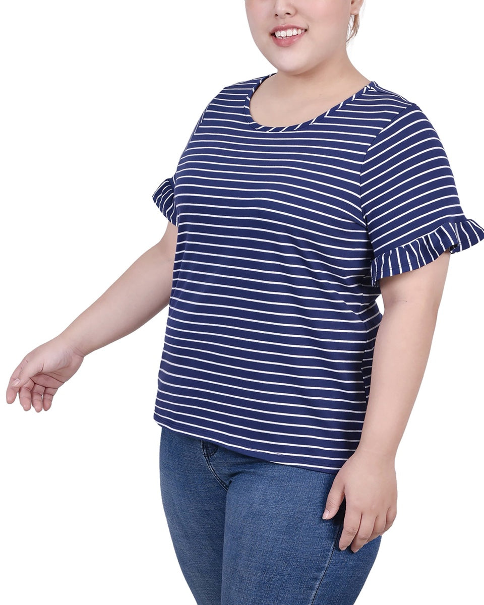  NY Collection Plus Size Short Bell Sleeve Top - Navy Double Stripe - Bonton