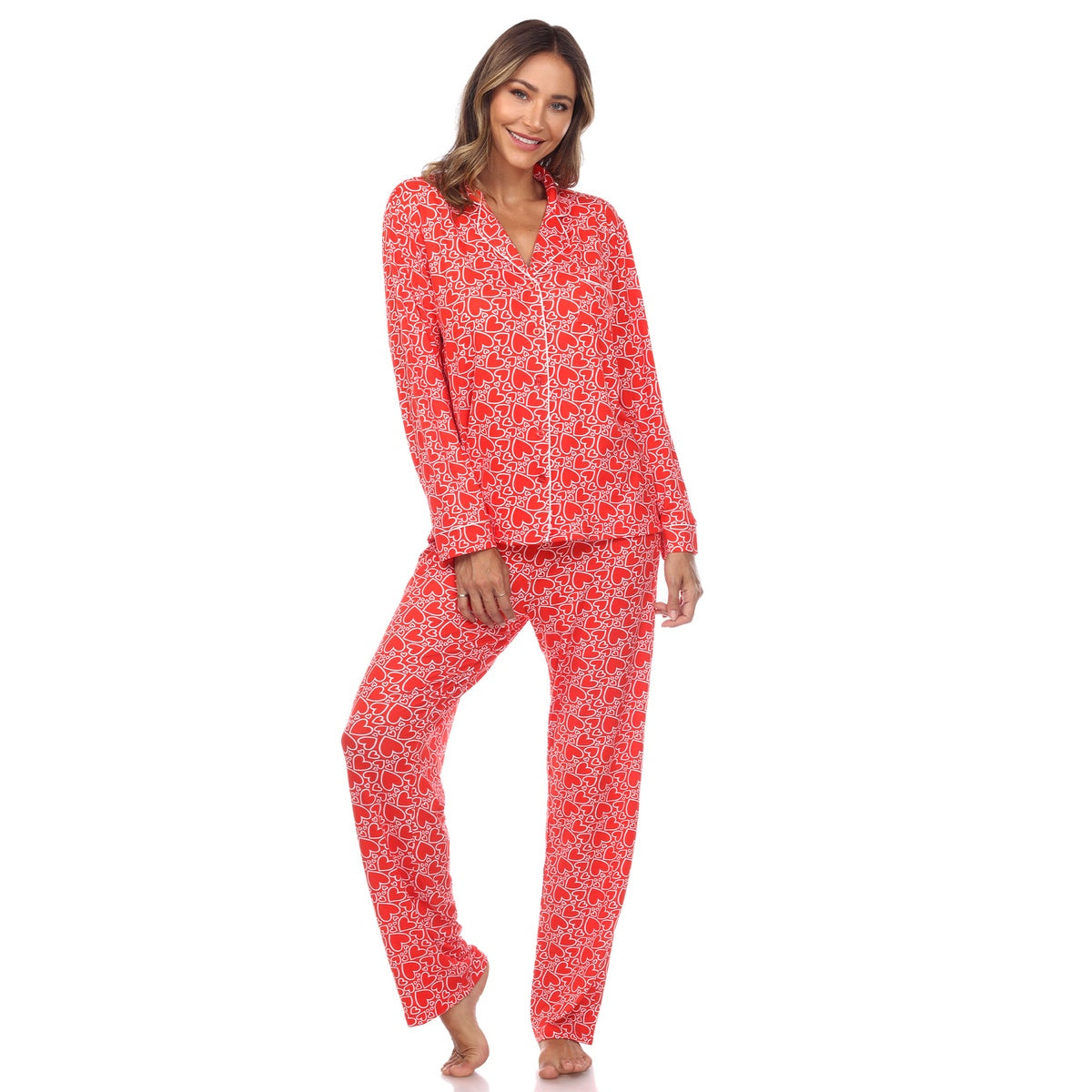  White Mark Women's Long Sleeve Heart Print Pajama Set - M - Bonton