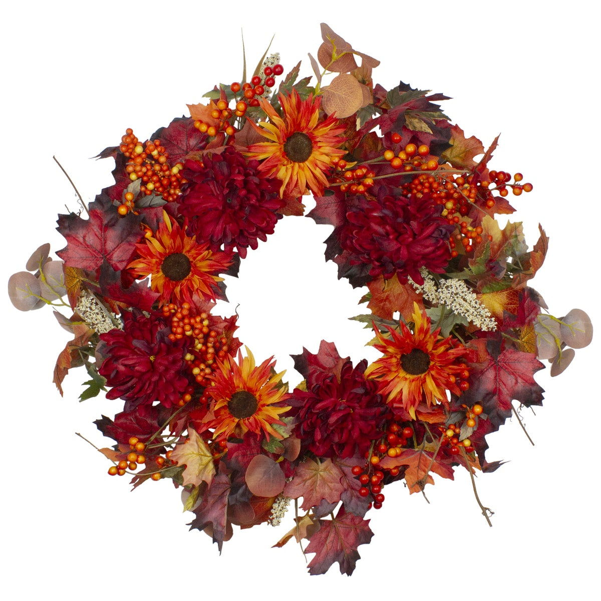  Northlight Leaves and Flowers Fall Harvest Wreath - 24-Inch  Unlit - Default Title - Bonton