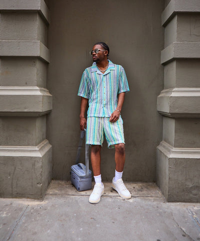 Textured Knit Short Sleeve Button Down Shirt - Light Blue