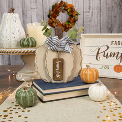 9" Beige Happy Fall Wooden Pumpkin Fall Harvest Decoration