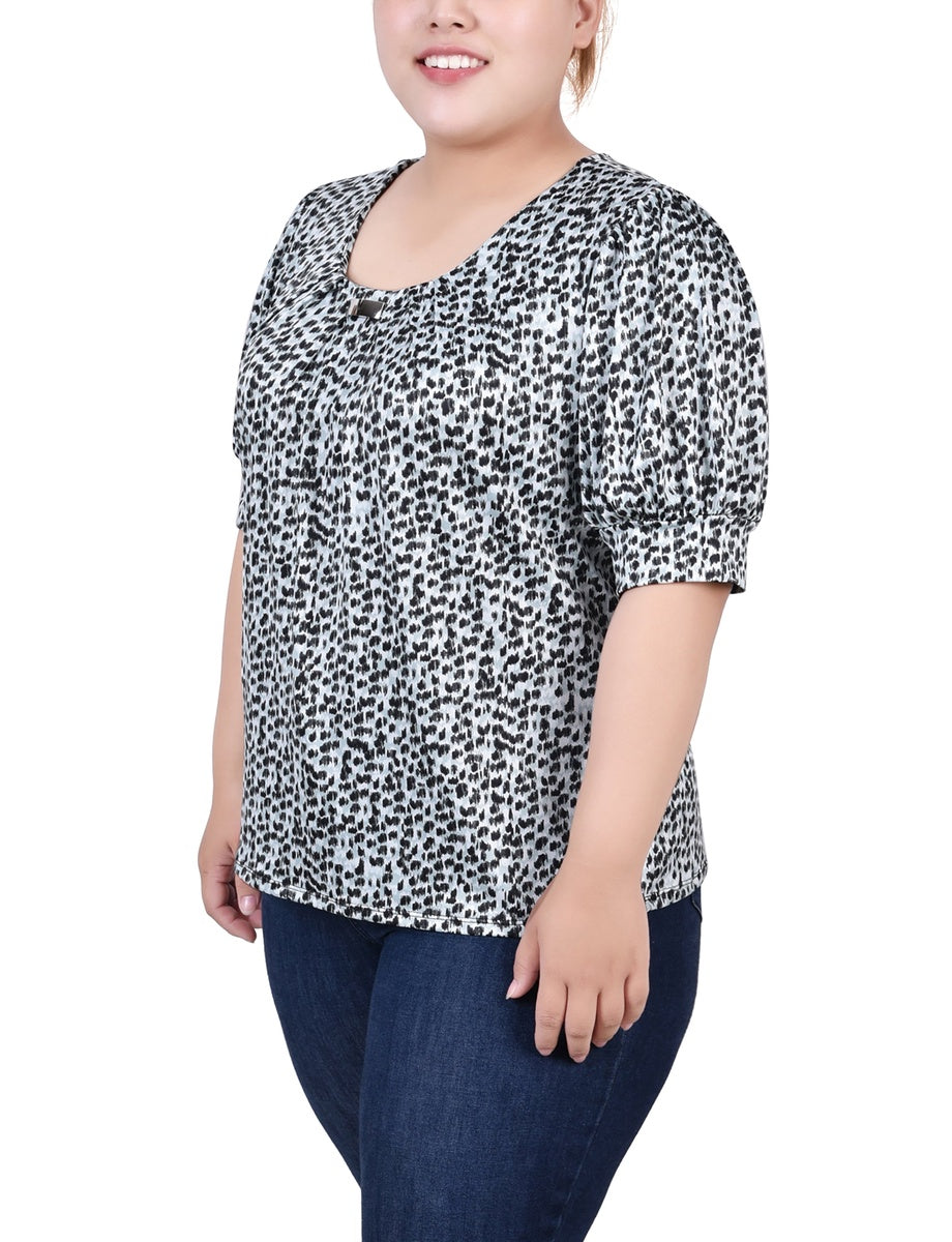  NY Collection Plus Size Short Sleeve Balloon Sleeve Top With Hardware - Black Taupe Zebra - Bonton