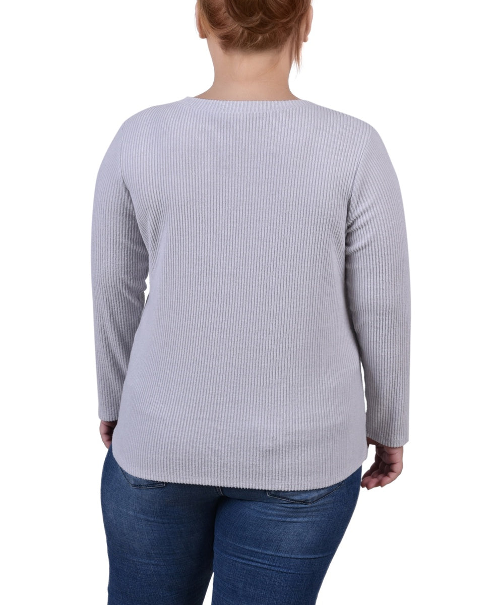  NY Collection Plus Size Long Sleeve Ribbed Button Detail Top - Ivory - Bonton