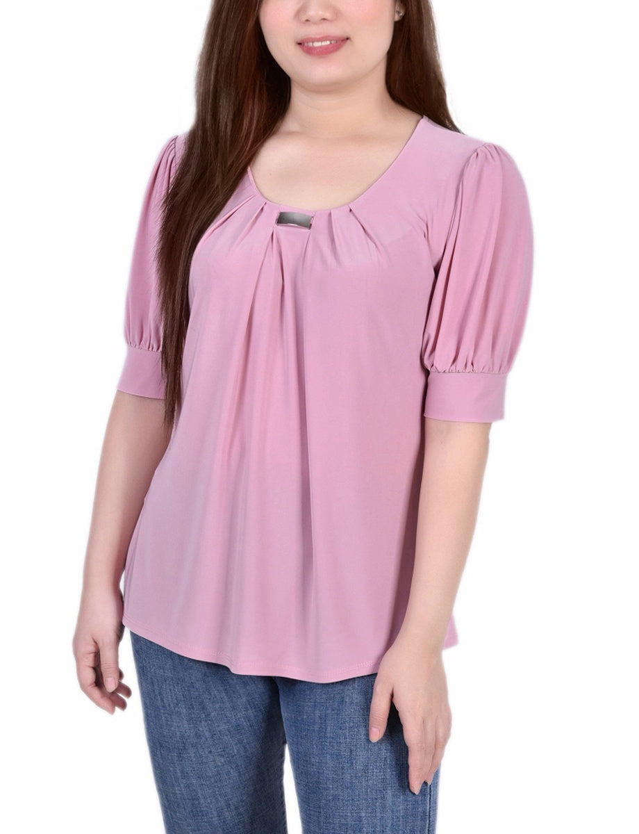  NY Collection Short Sleeve Balloon Sleeve Top With Hardware - Samoan Sun - Bonton