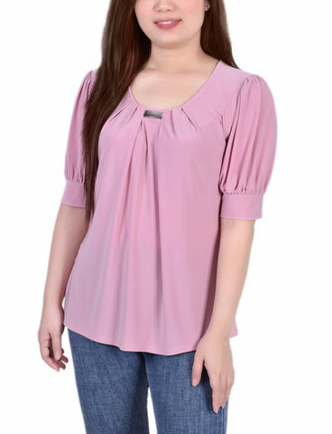 Short Sleeve Balloon Sleeve Top With Hardware