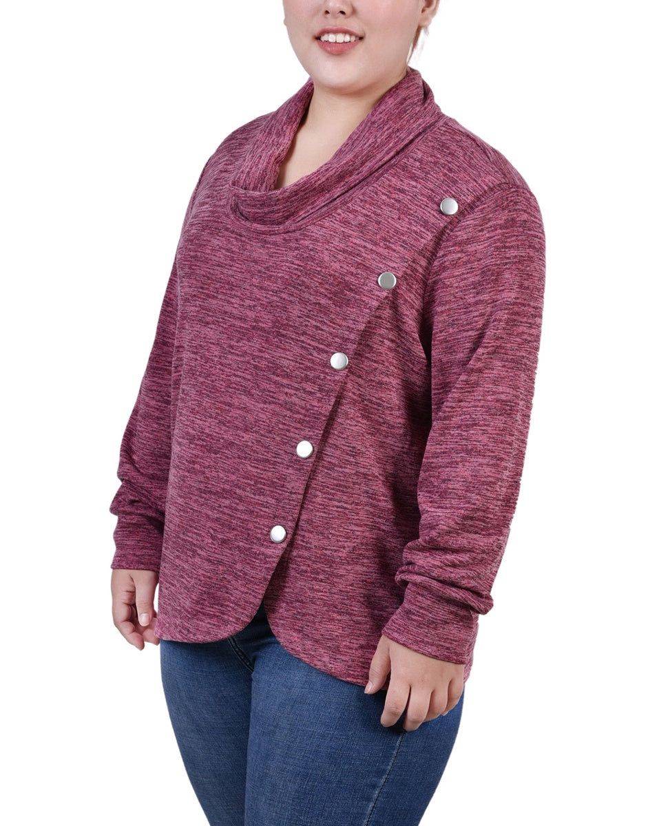  NY Collection Plus Size Long Sleeve Overlapping Cowl Neck Top - Navy Enzoz - Bonton