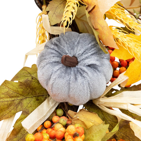 Velvet Pumpkins and Wheat Artificial Fall Harvest Wreath - 24-Inch  Unlit