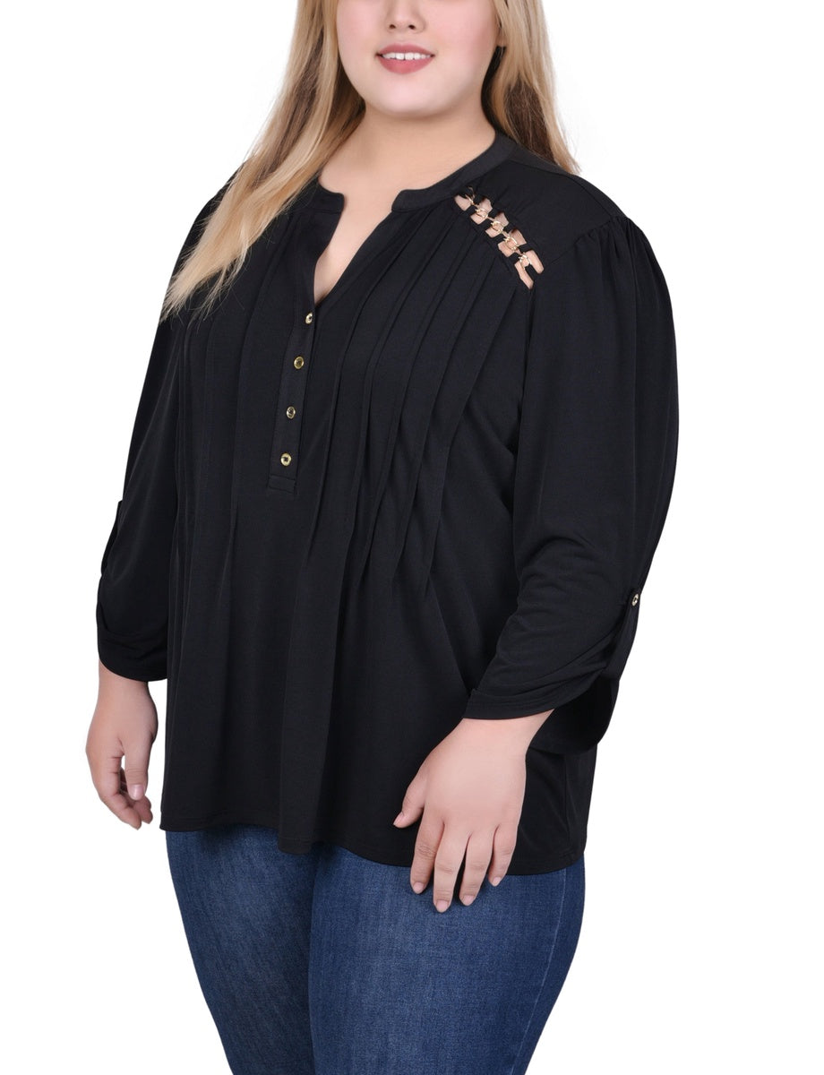  NY Collection Plus Size Long Sleeve Pintuck Front Top With Chain Details - Animal Lilas Dot - Bonton