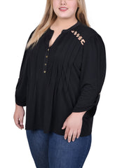 Plus Size Long Sleeve Pintuck Front Top With Chain Details