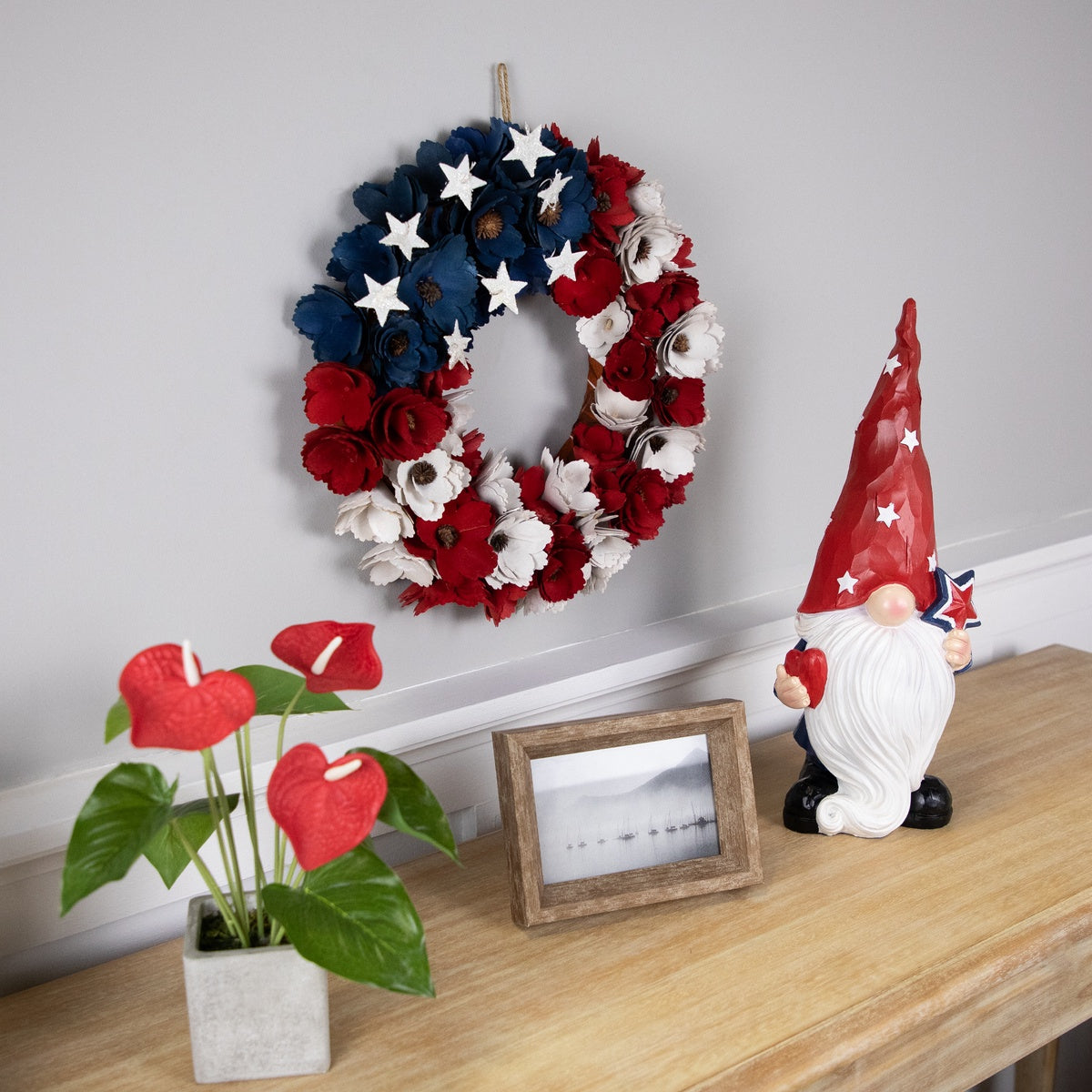  Northlight Americana Floral Flag Wood Shavings Wreath - 15