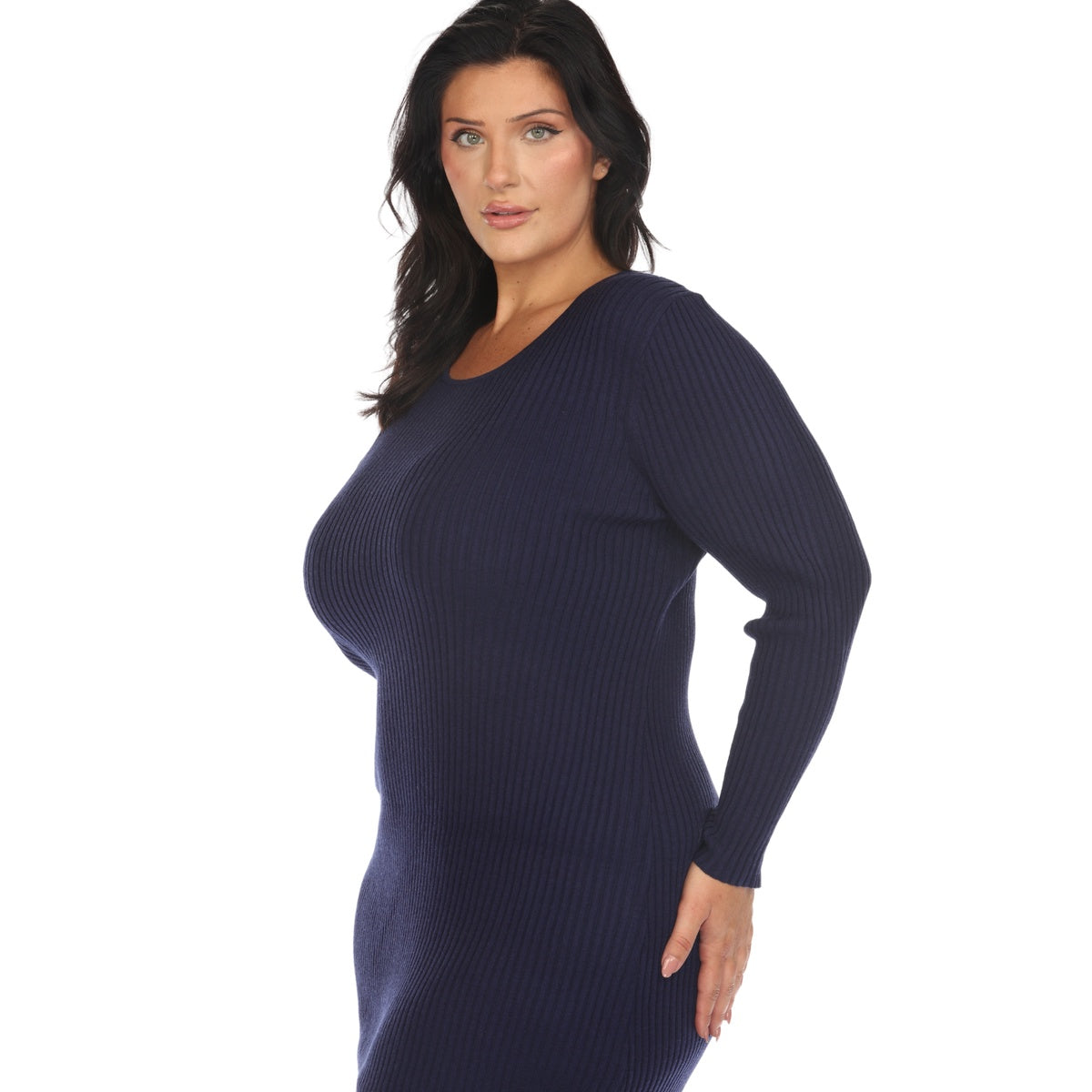  White Mark Plus Size Long Sleeve Rib Midi Sweater Dress - 1X - Bonton