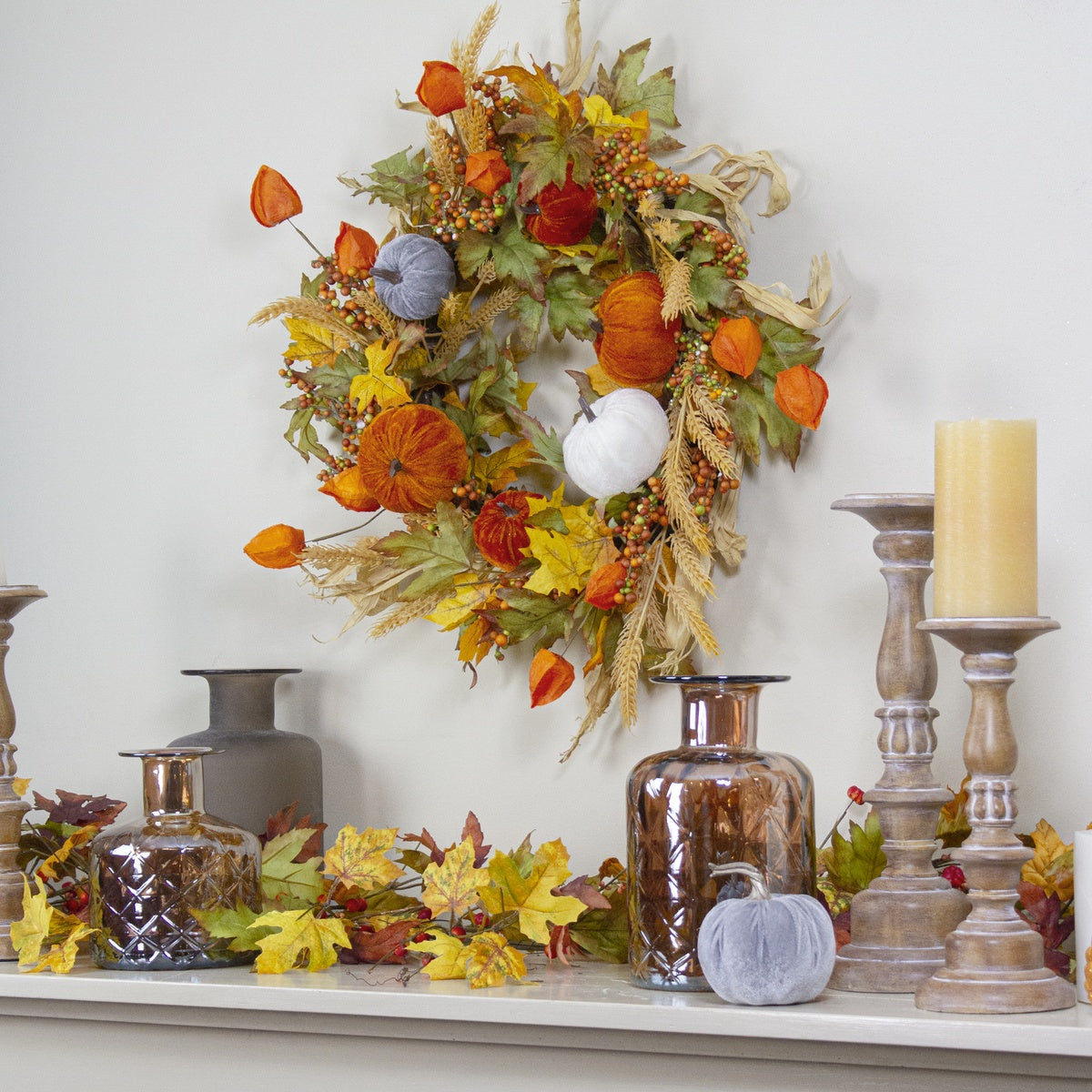  Northlight Velvet Pumpkins and Wheat Artificial Fall Harvest Wreath - 24-Inch  Unlit - Default Title - Bonton