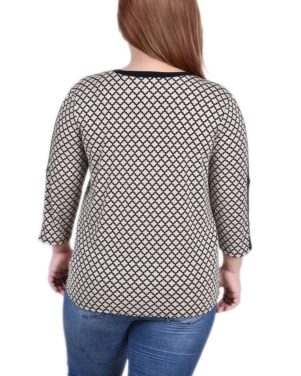  NY Collection Plus Size 3/4 Sleeve Top With Combo Bands and Grommets - Doeskin Quatrefoil - Bonton