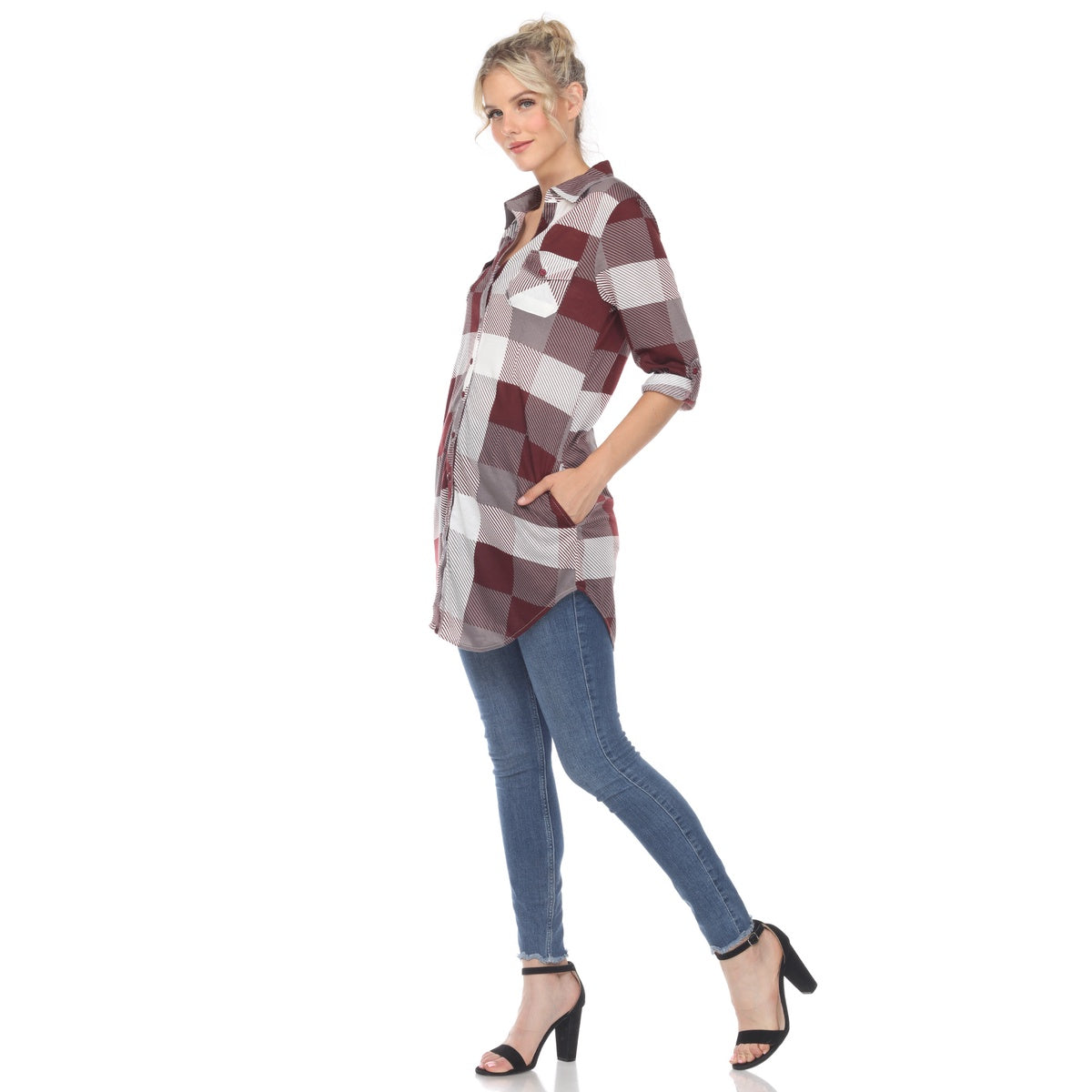  White Mark Women's Plaid Button Down Tunic Top - S - Bonton