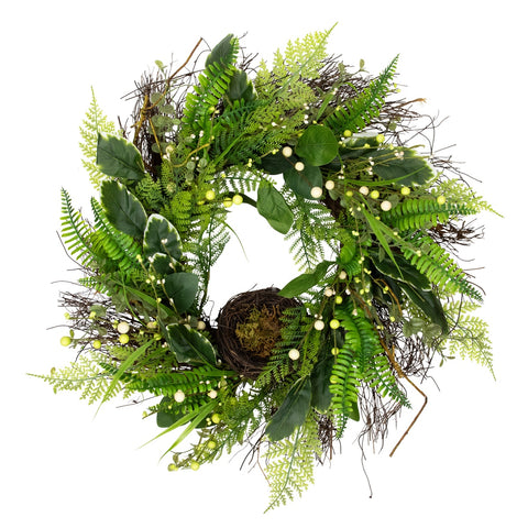 Green and Brown Foliage Artificial Spring Wreath With Nest - 24" - Unlit