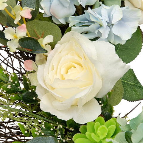 Hydrangea  Rose and Geranium Artificial Floral Spring Wreath  White and Blue - 24-Inch