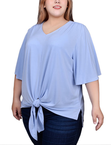 Plus Size Elbow Sleeve Tie-Front Top