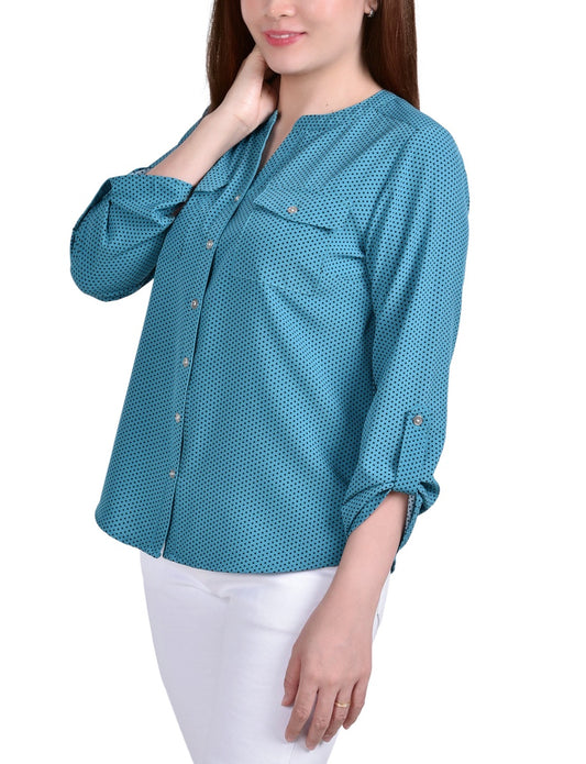 Petite 3/4 Sleeve Roll Tab Y Neck Blouse