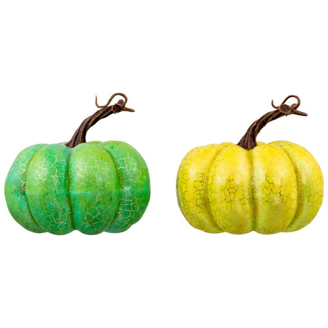 Crackle Fall Harvest Thanksgiving Pumpkins - 5" - Green and Gold - Set of 2